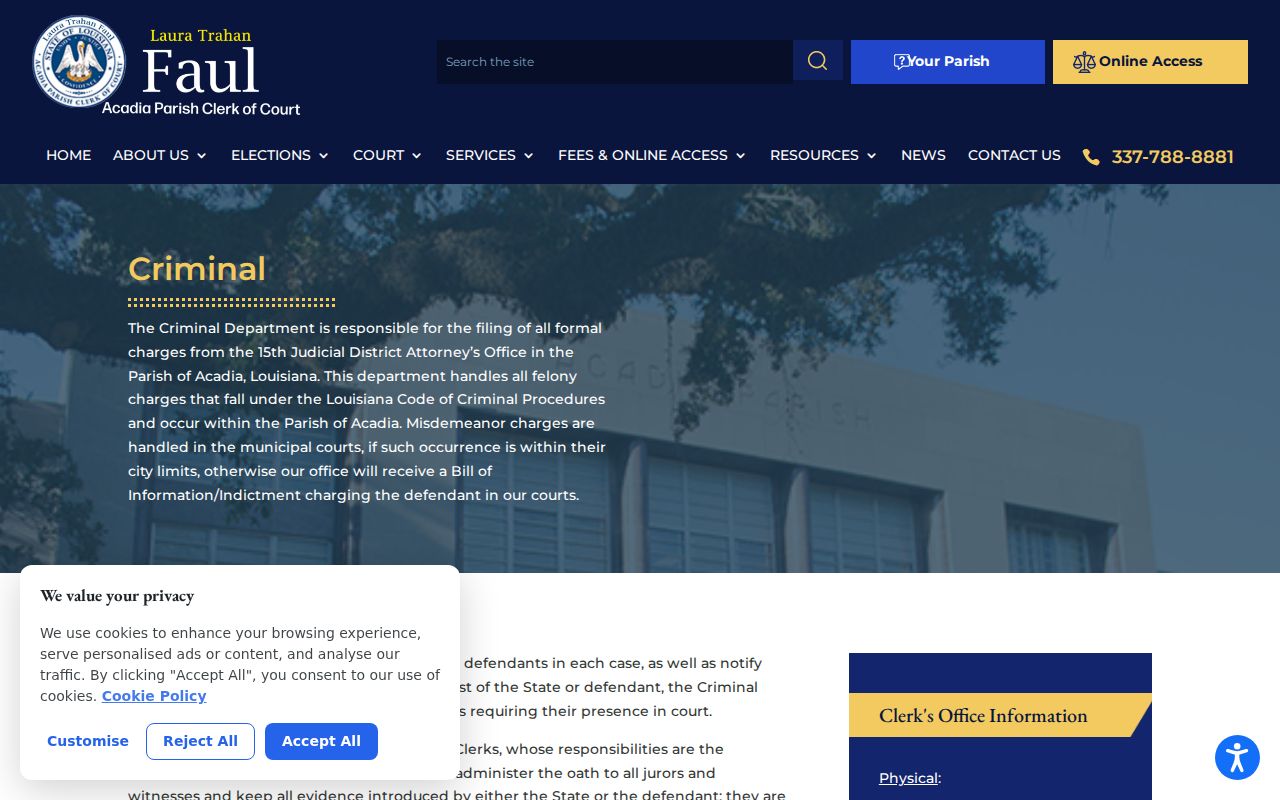 Acadia Parish Clerk Criminal Department page