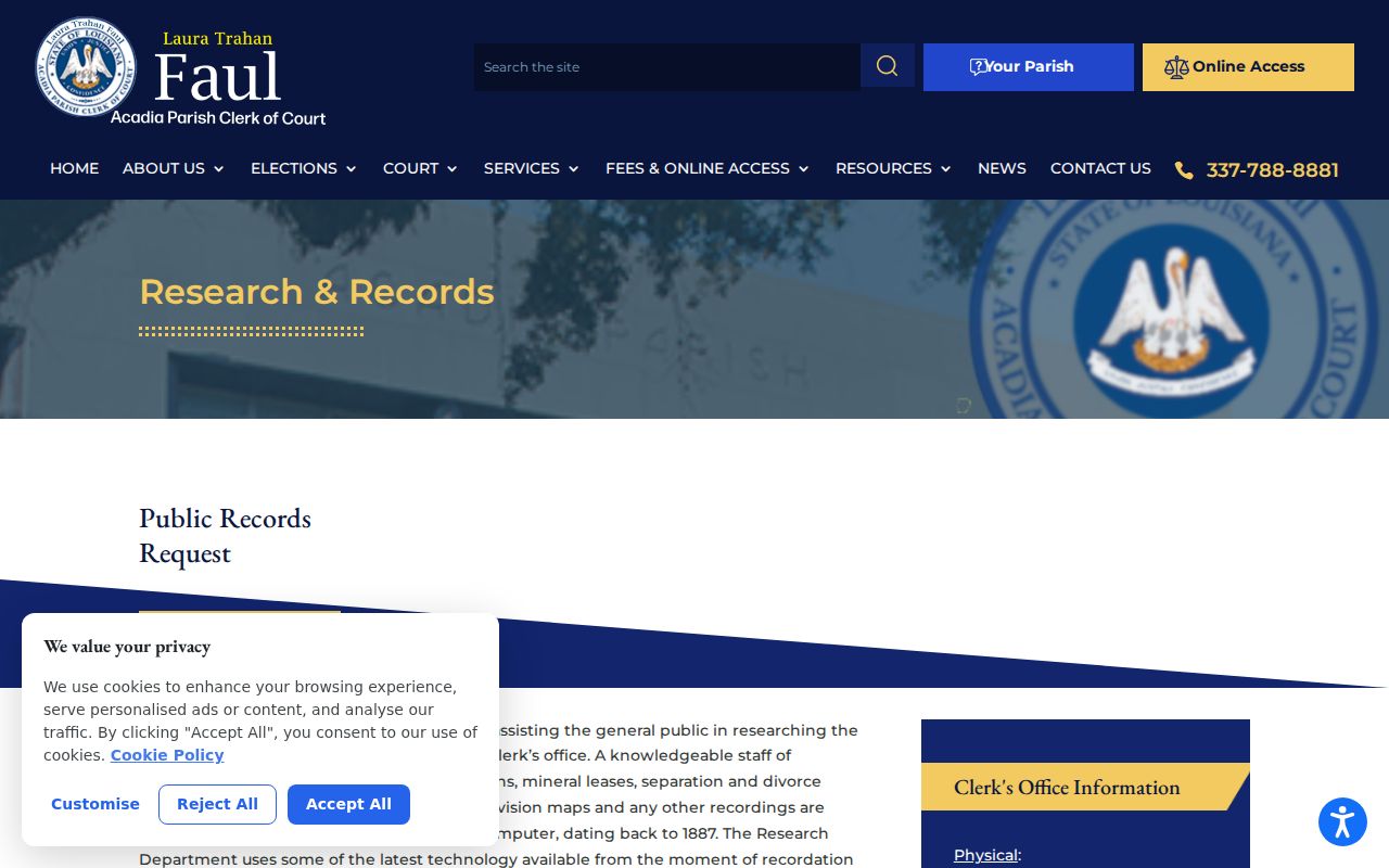 Acadia clerk research and records access page